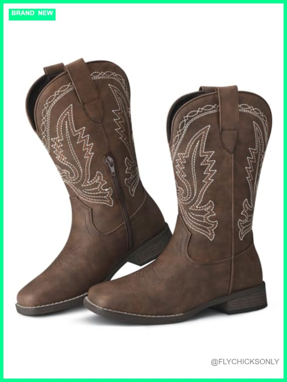 Western Cowboy Boots Square Toe Mid-Calf Faux Leather Vegan Embroidered